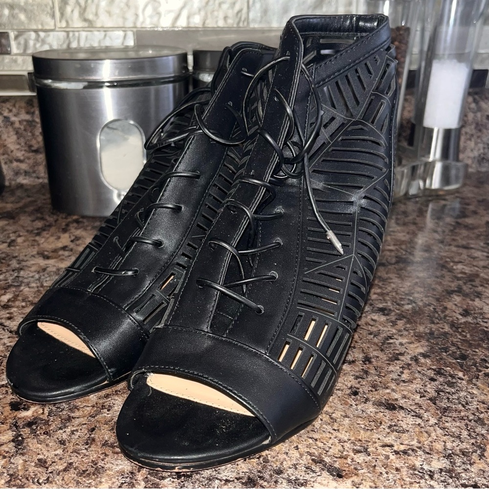Sam Edelman Black Lace-Up Cutout Peep Toe Ankle Boots